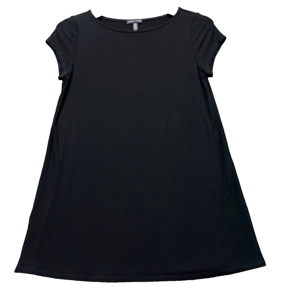 Eileen Fisher Tunic Womens S Black Short Sleeve Swing Pockets Viscose‎ ALine